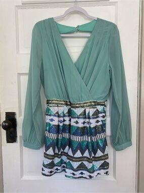 Aqua Long-Sleeve Sequined Romper